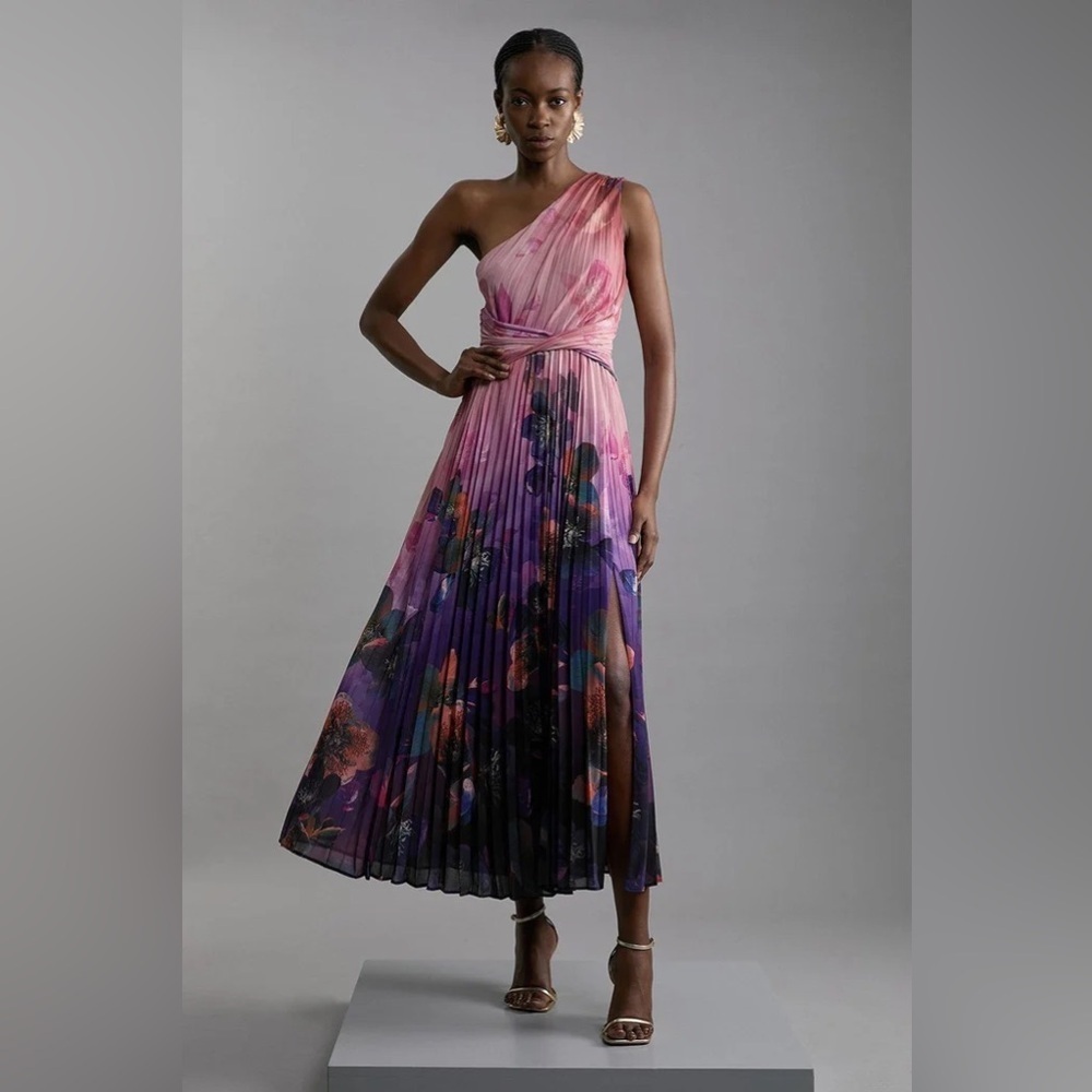 NWT Karen Millen Petite Ombre Floral Soft Pleated One Shoulder Maxi Dress